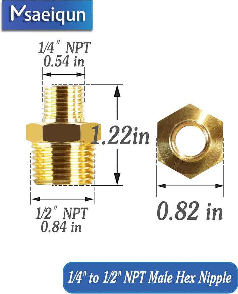 MSAEIQUN 5PCS 1/2 Inch Male Pipe x 1/4 Inch Male Pipe Solid Brass Threaded Straight Pipe Reducing Hex Nipple Fittings Extension Connector Adapter Coupling for Pipe Line/Oil/Gas - Image 2